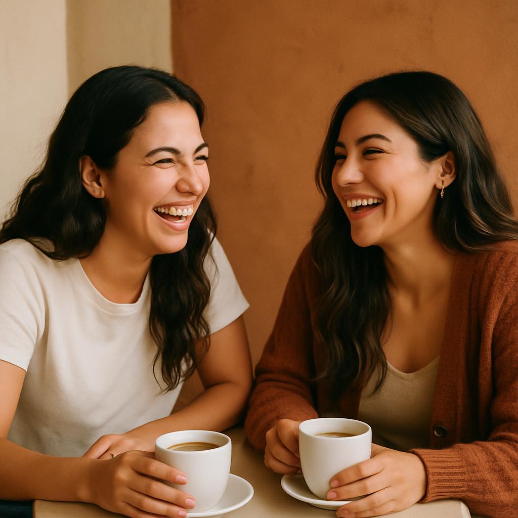 Dos amigas conversando y riendo en una cafetería