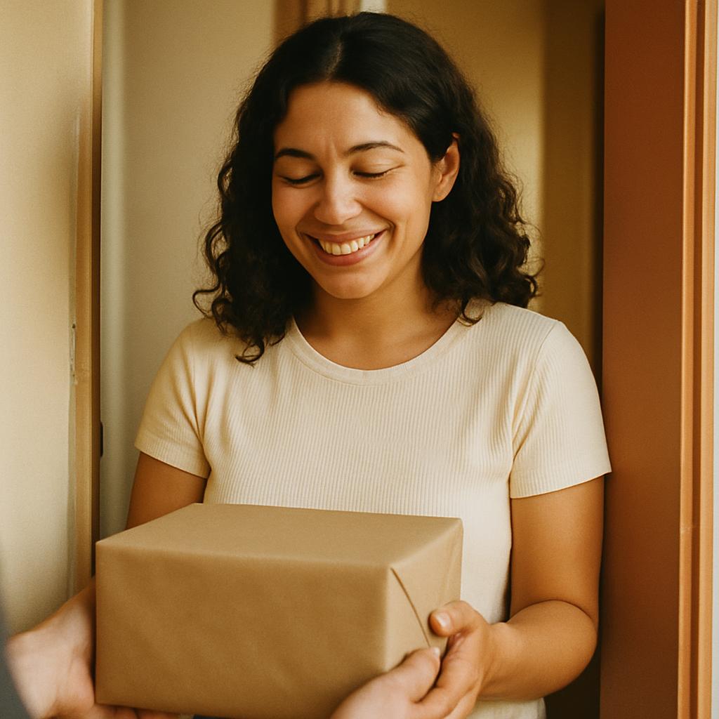 Clienta recibiendo su pedido en empaque neutro en la puerta de casa